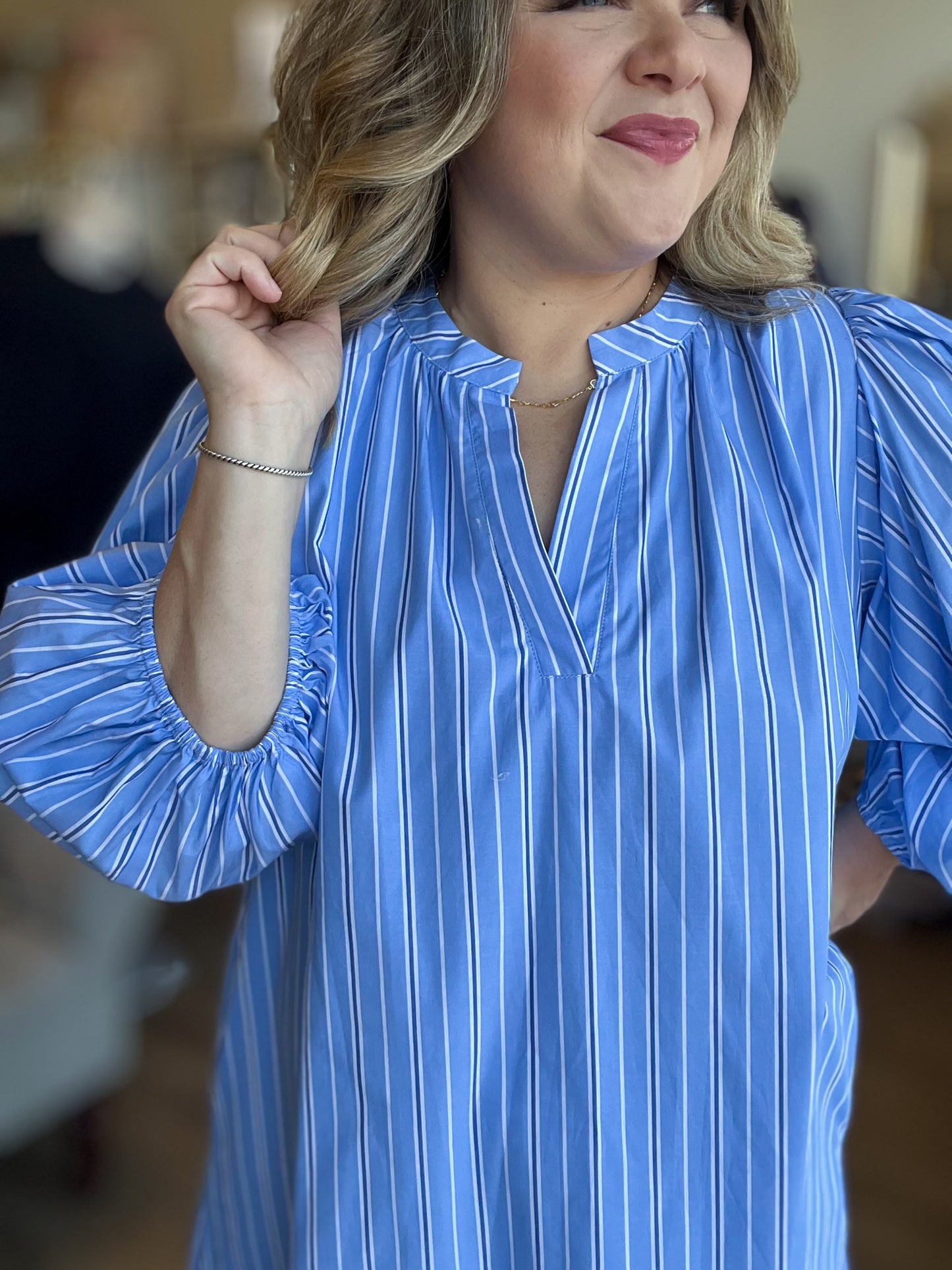 Blue Crush Plus-Size Striped Split Neck Dress