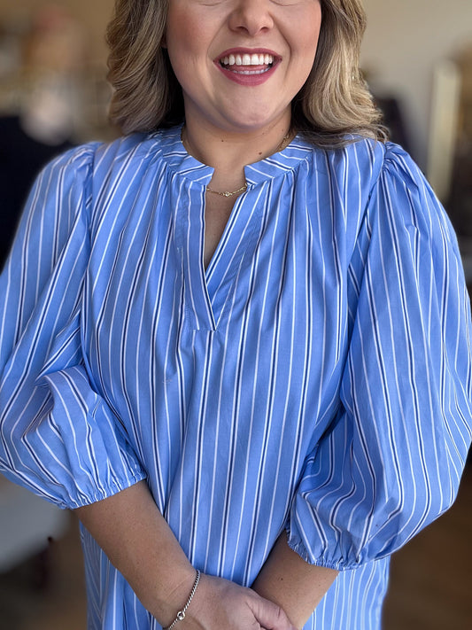 Blue Crush Plus-Size Striped Split Neck Dress