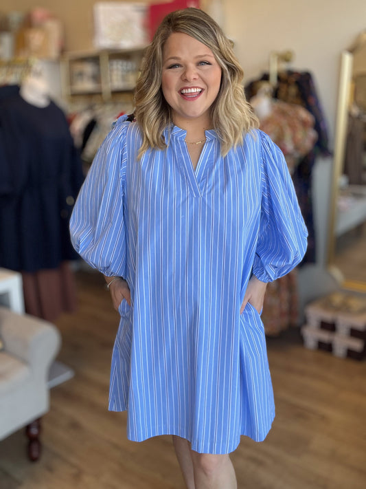 Blue Crush Plus-Size Striped Split Neck Dress