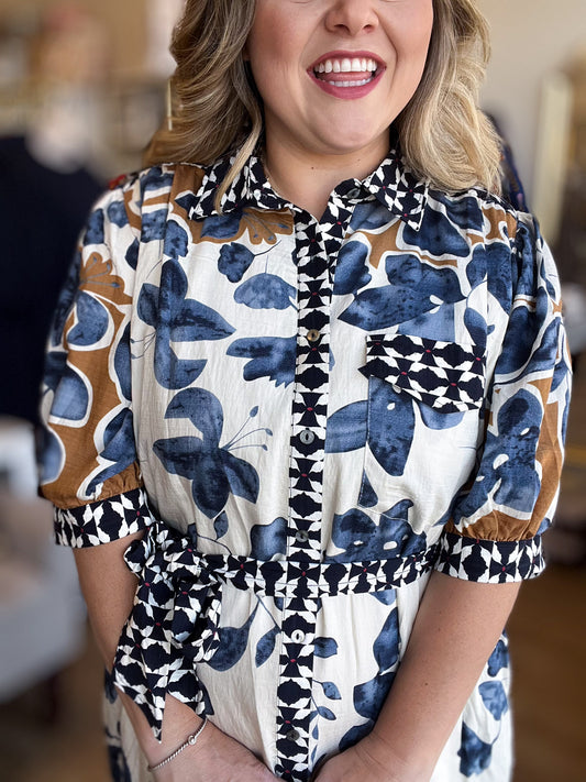 Bold Botanicals Navy Abstract Midi Dress