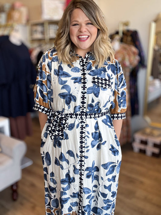 Bold Botanicals Navy Abstract Midi Dress