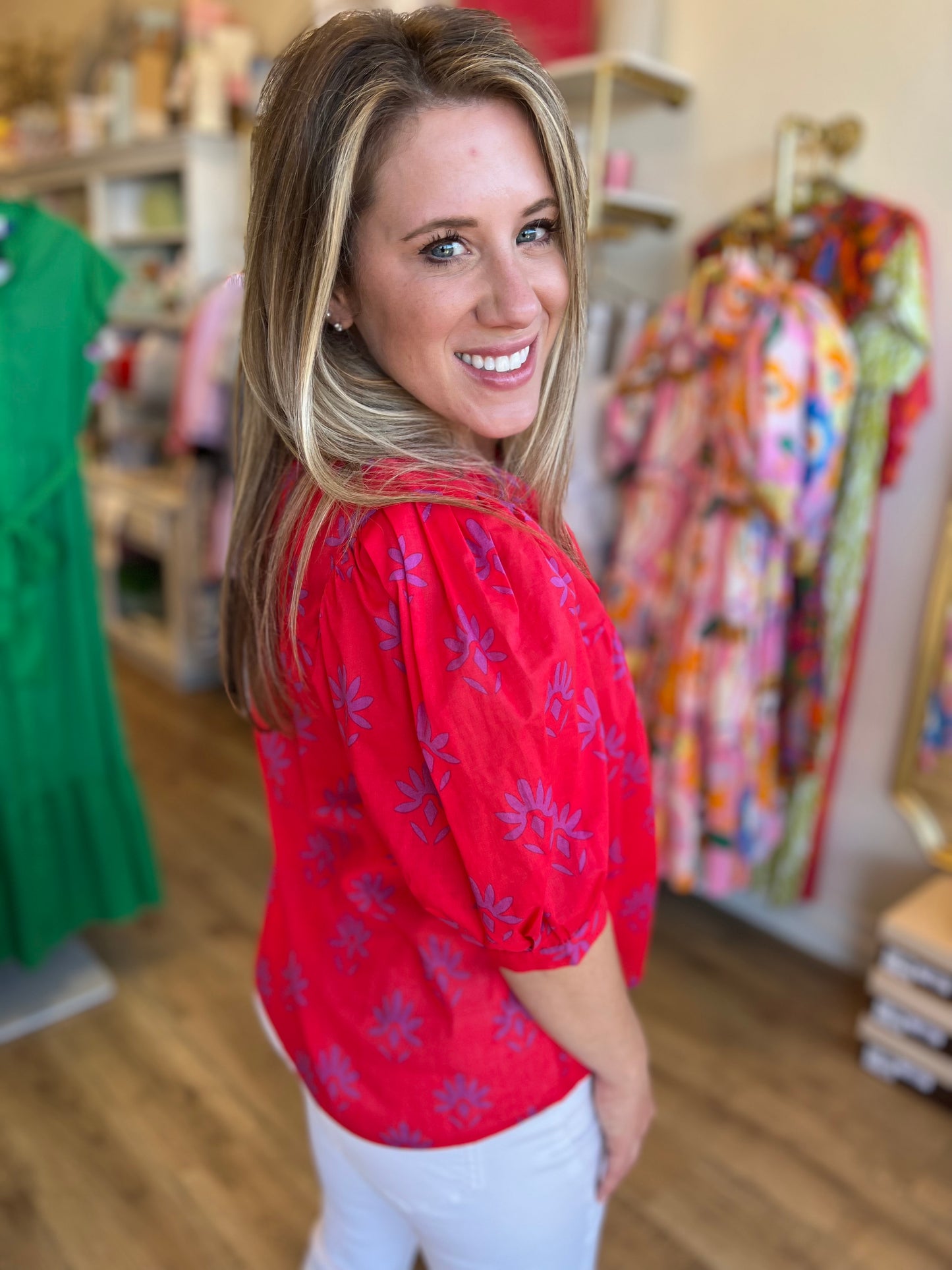 "Charming Carmine" Pink & Berry Floral Split Neck Top