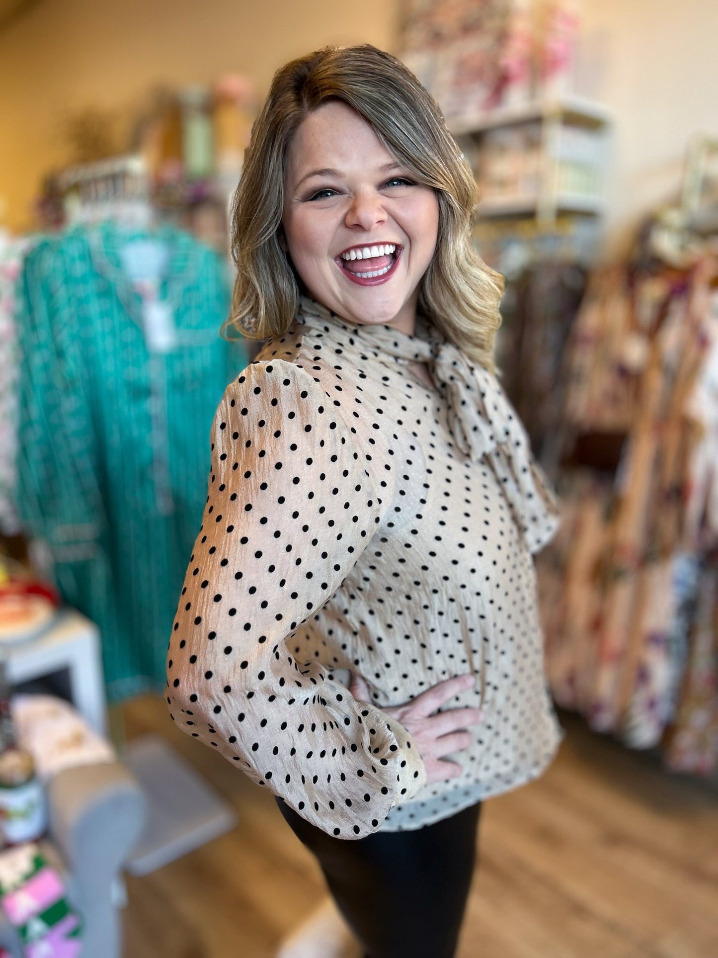 Champagne Wishes Polka Dot Tie Neck Blouse