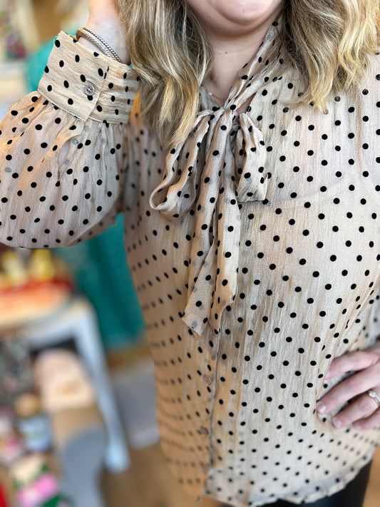 Champagne Wishes Polka Dot Tie Neck Blouse
