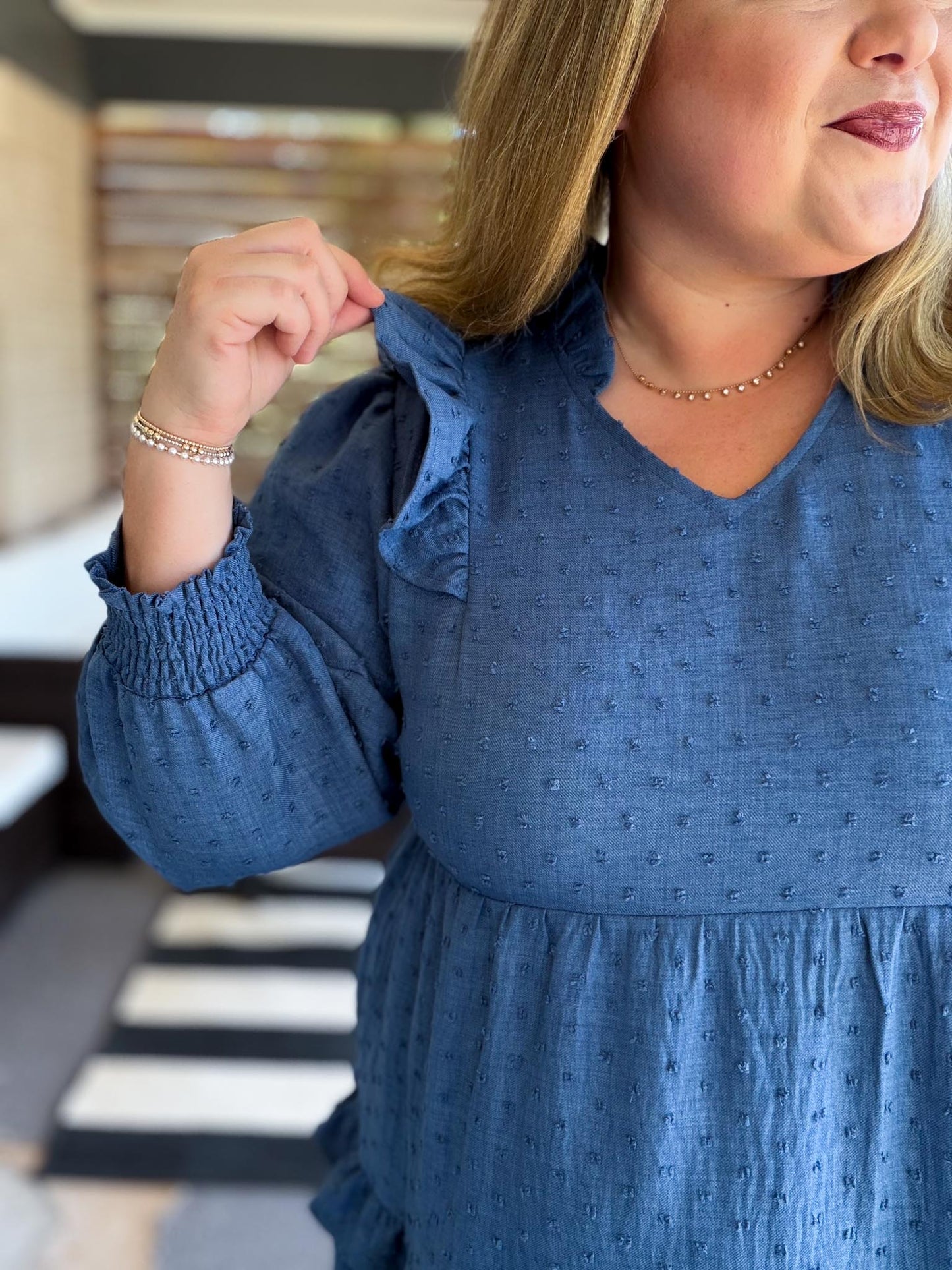 Chasing Autumn Curvy Denim Blue Swiss Dot Midi Dress
