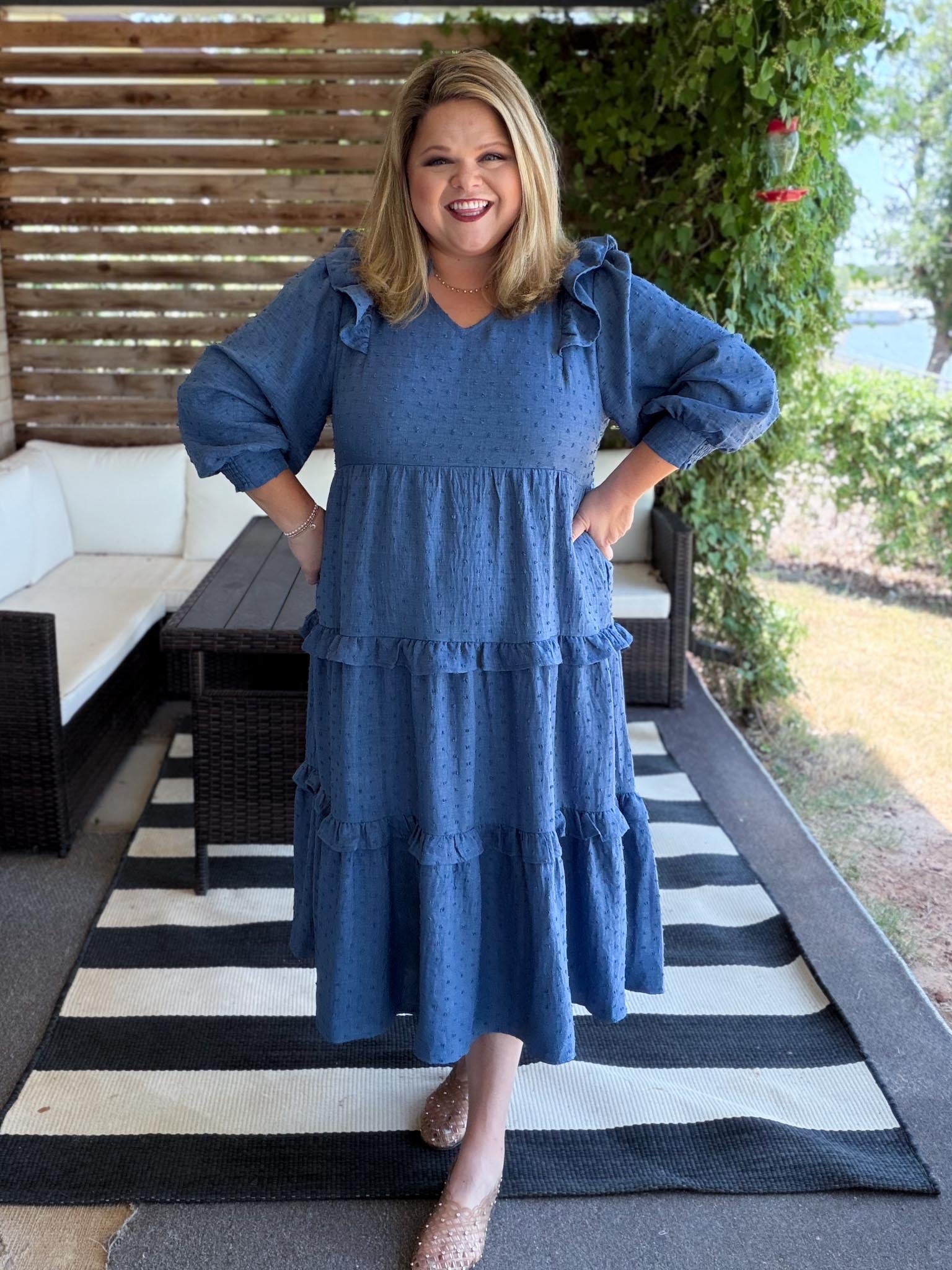 Chasing Autumn Curvy Denim Blue Swiss Dot Midi Dress XL