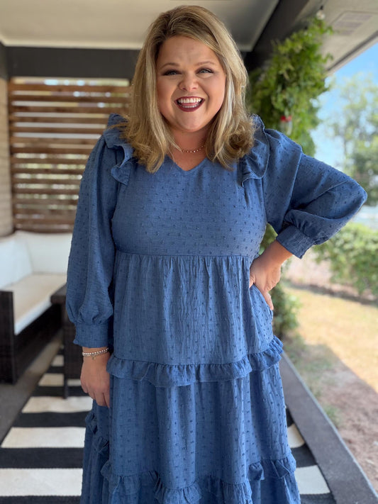 Chasing Autumn Curvy Denim Blue Swiss Dot Midi Dress