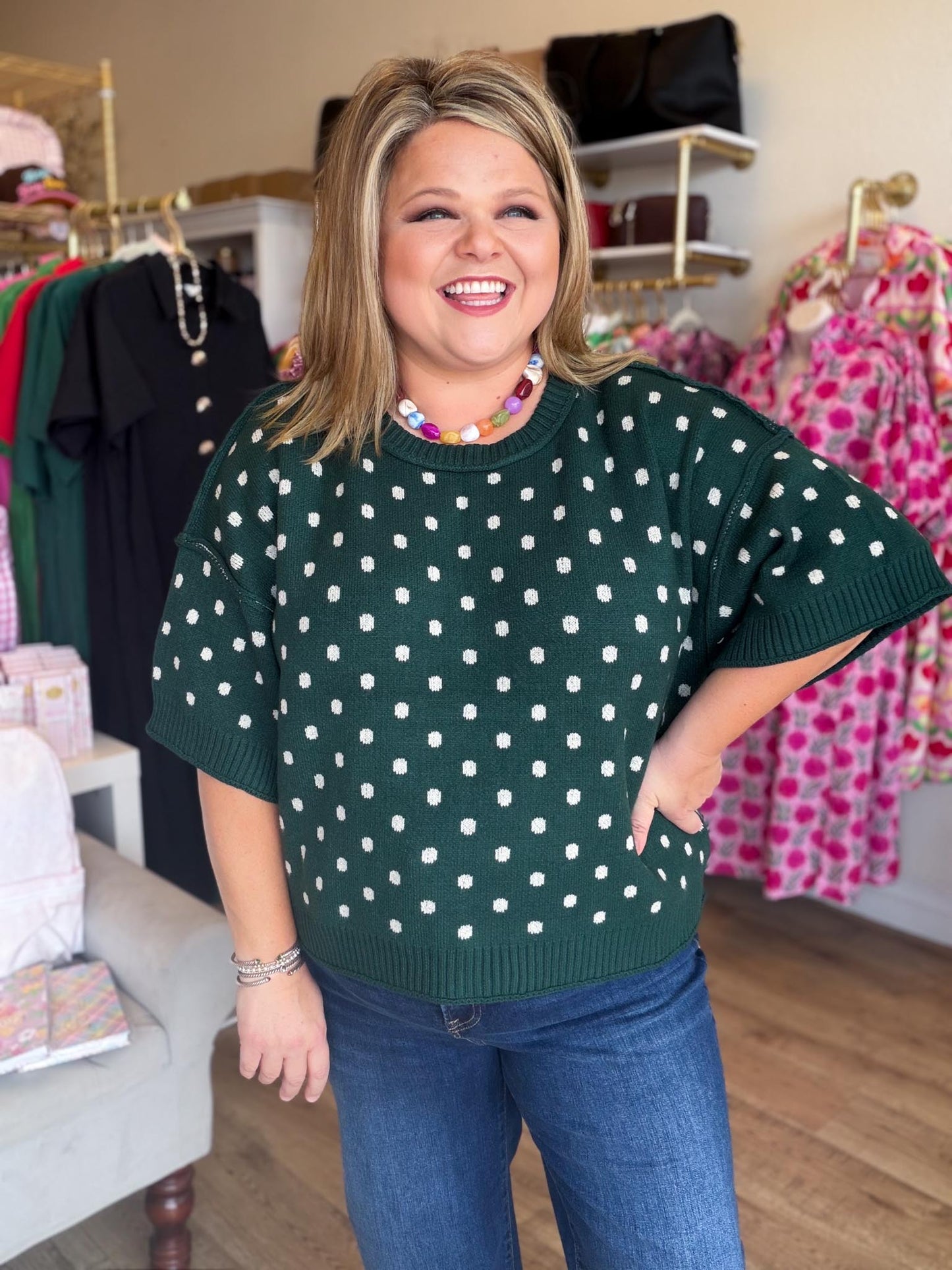 Chic Spots Curvy Green Polka Dot Sweater