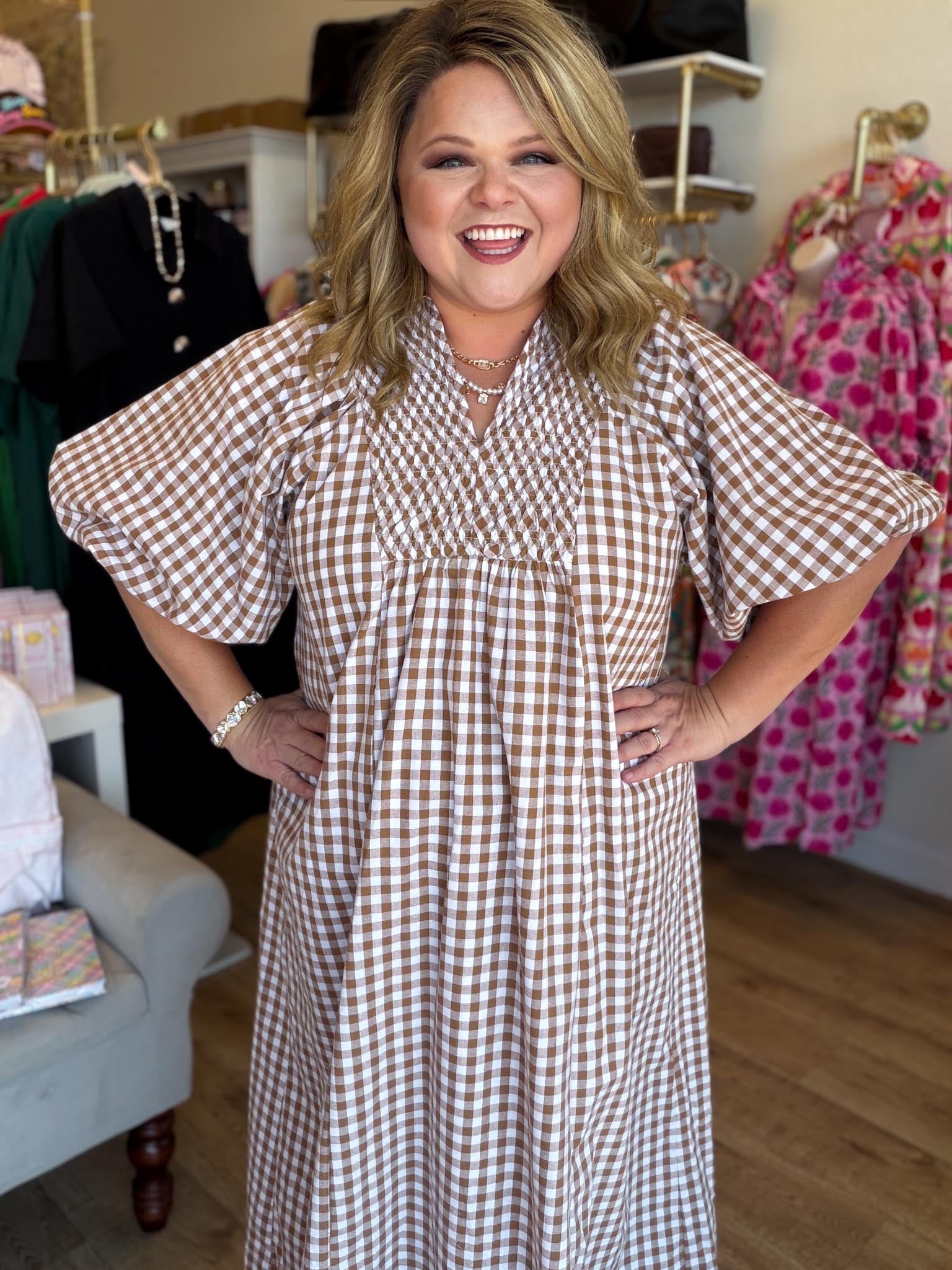 brown gingham midi dress RESTOCKED! Cinnamon Skies Curvy Medium + beyond 15 Cute Summer To Warehouse Size:32/34