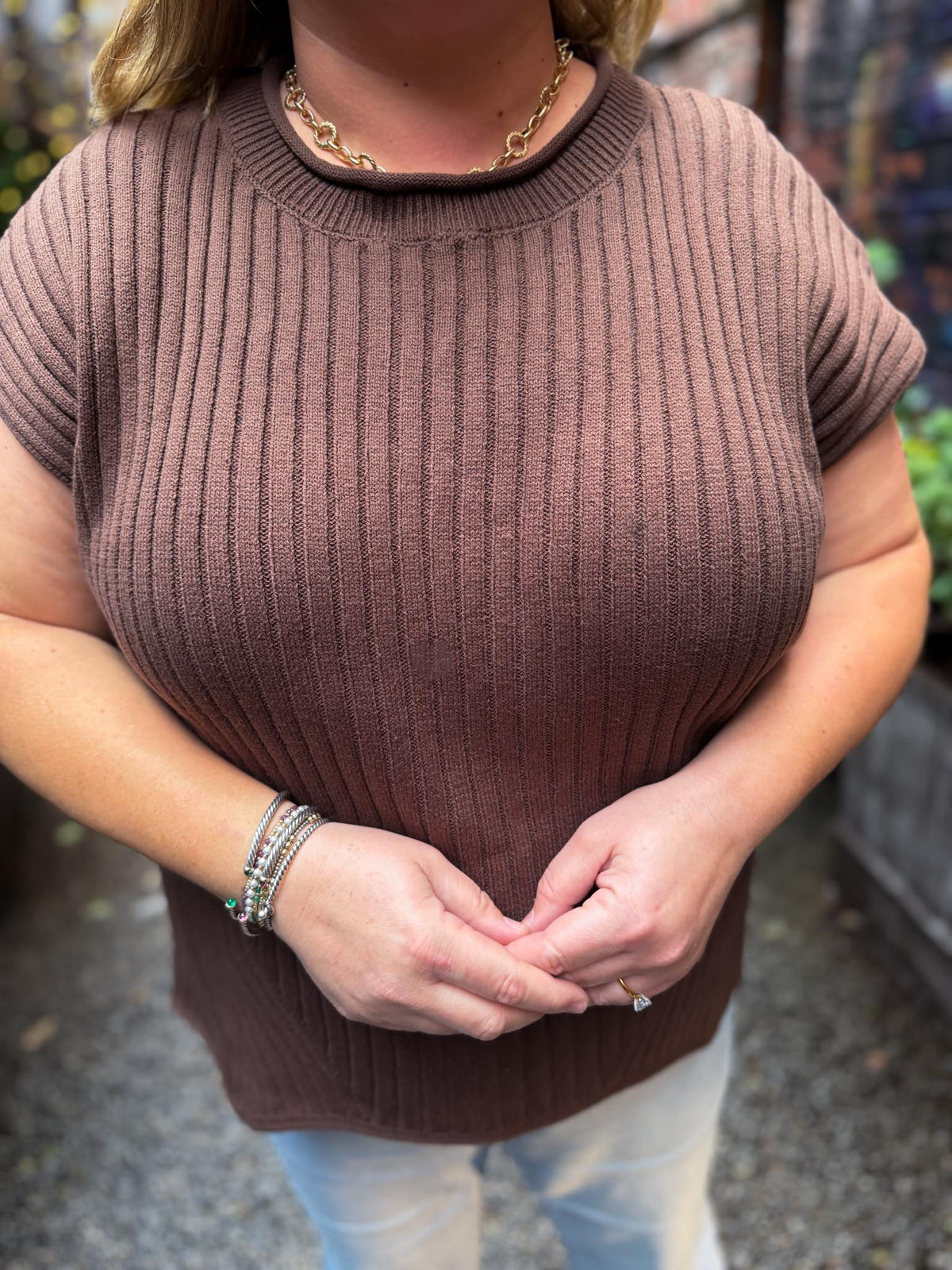 Cinnamon Suede Plus-Size Brown Ribbed Sweater Top