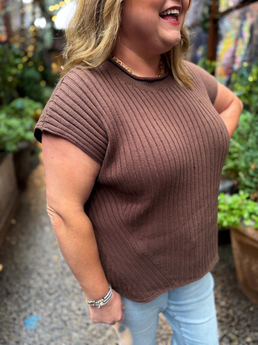 Cinnamon Suede Plus-Size Brown Ribbed Sweater Top