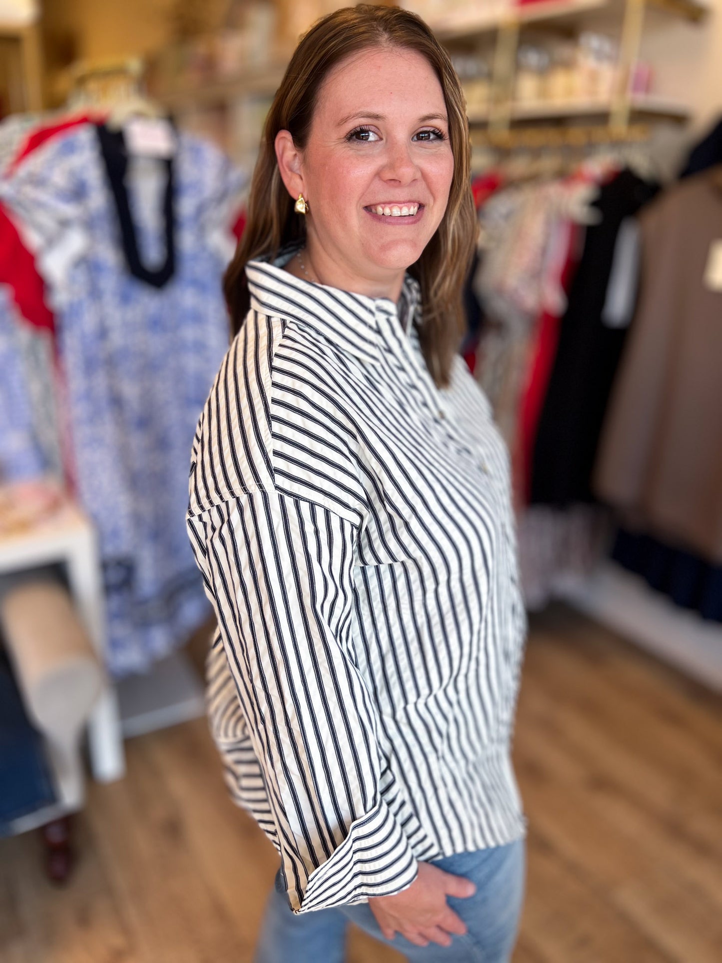Classique Cream & Navy Curvy Striped Button Blouse