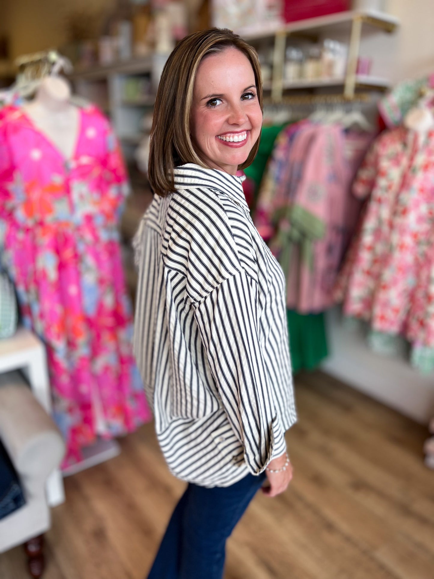 Classique Cream & Navy Curvy Striped Button Blouse