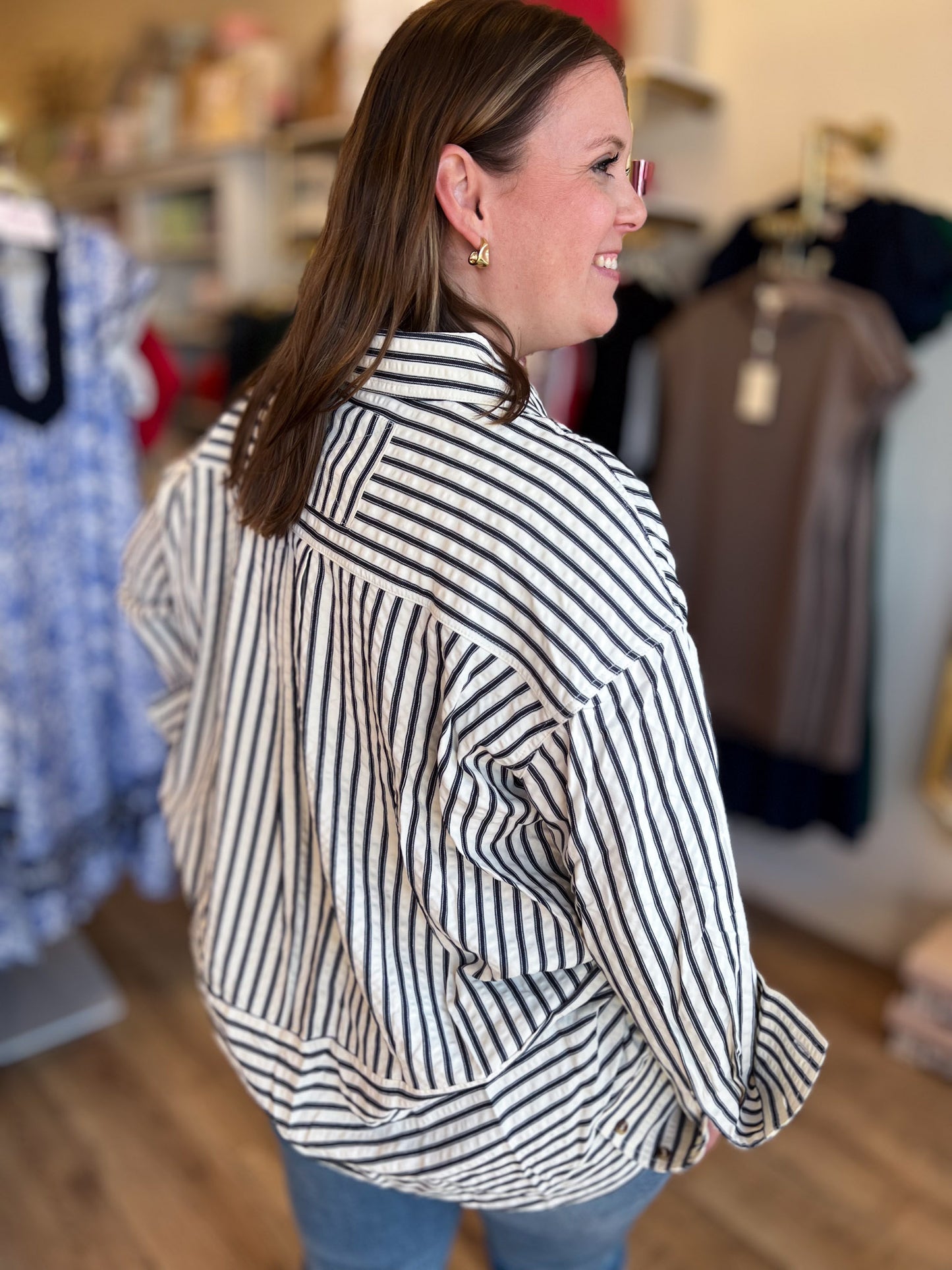 Classique Cream & Navy Curvy Striped Button Blouse