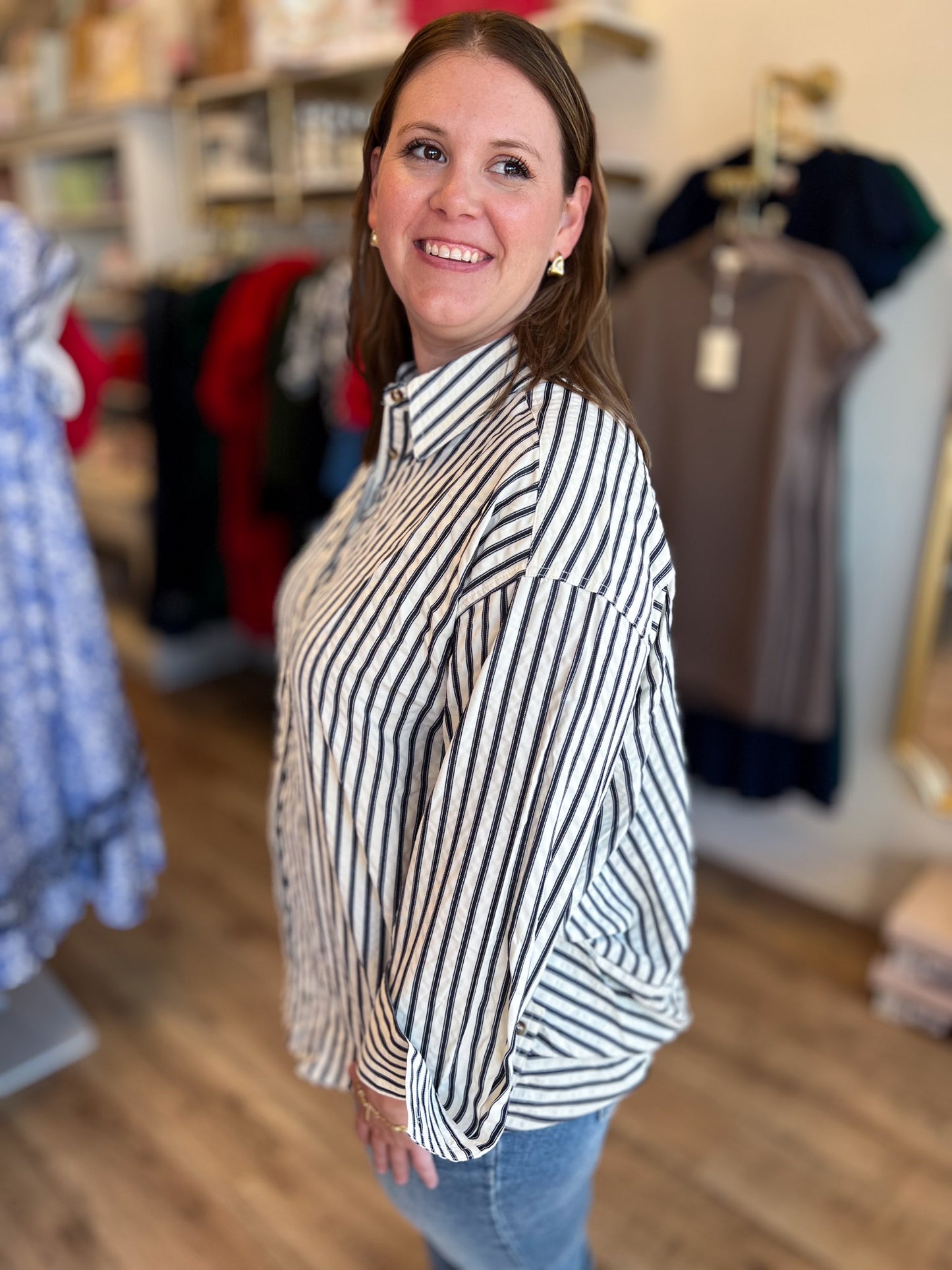 Classique Cream & Navy Curvy Striped Button Blouse