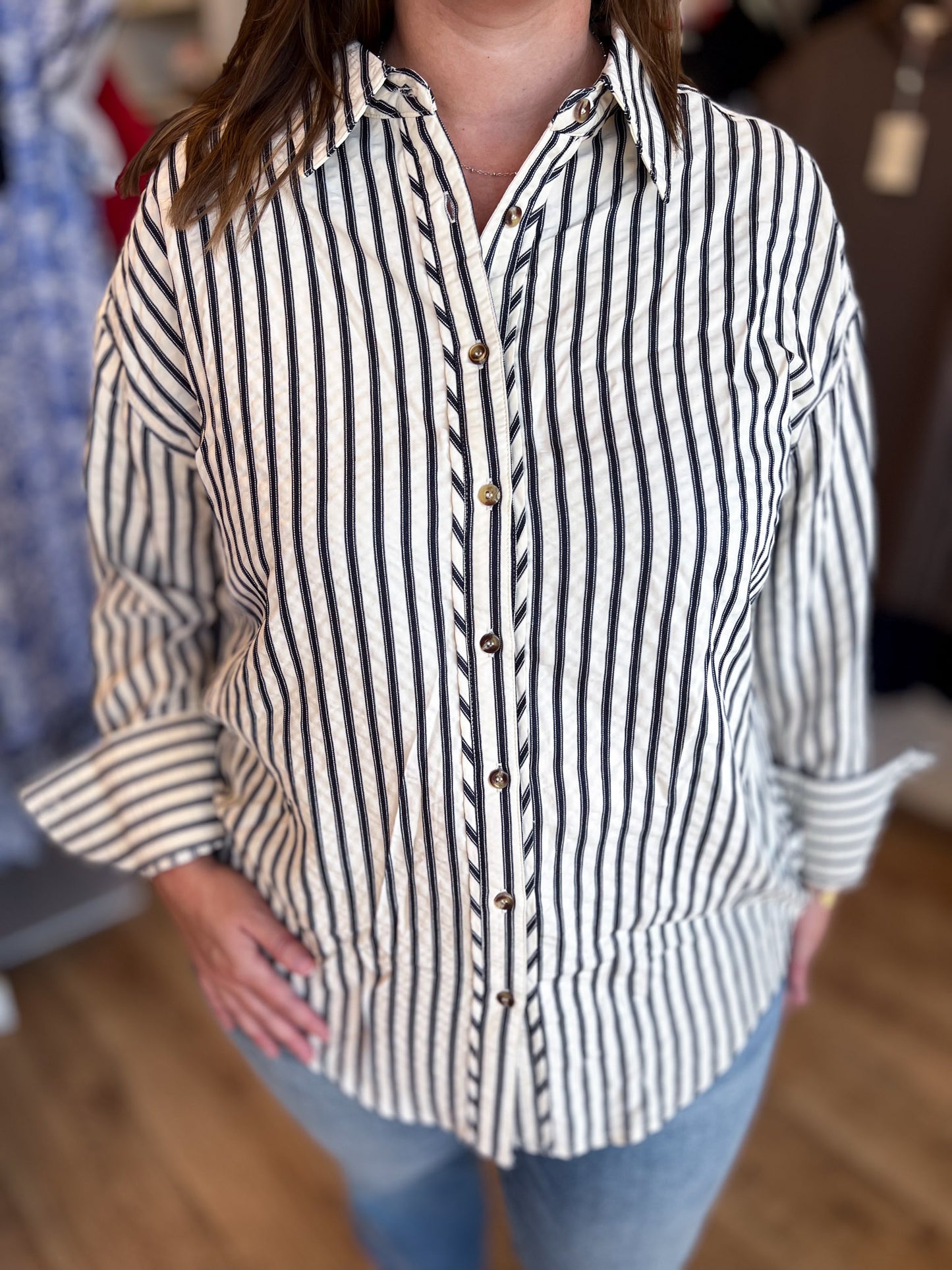Classique Cream & Navy Curvy Striped Button Blouse