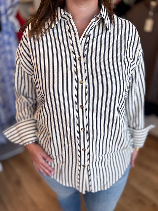 Classique Cream & Navy Curvy Striped Button Blouse