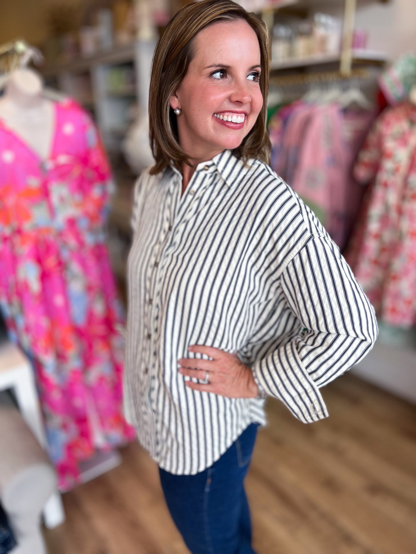 Classique Cream & Navy Curvy Striped Button Blouse