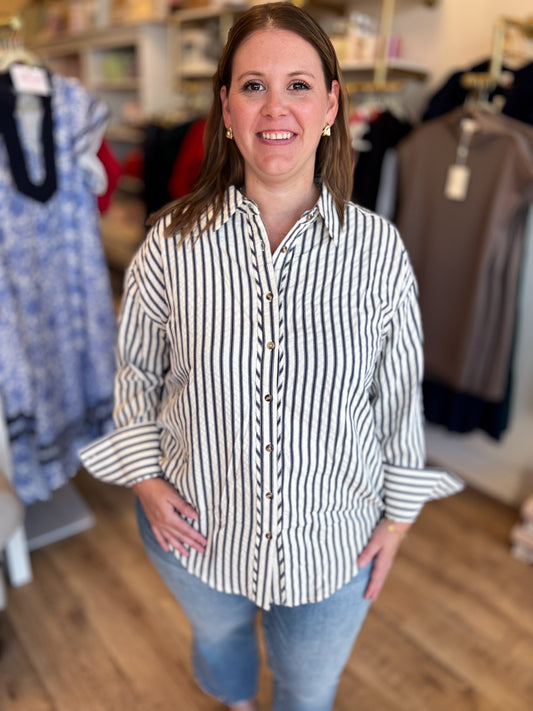 Classique Cream & Navy Curvy Striped Button Blouse