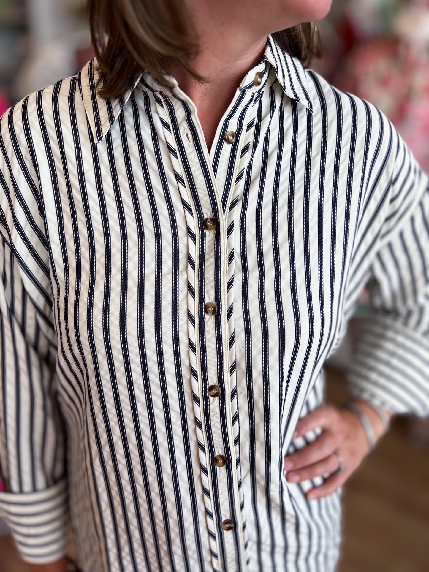 Classique Cream & Navy Curvy Striped Button Blouse
