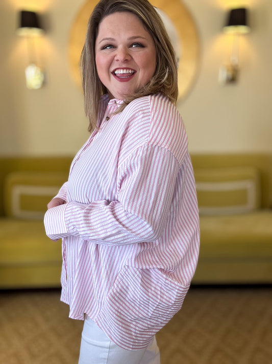 Classique Cream & Pink Curvy Striped Button Blouse