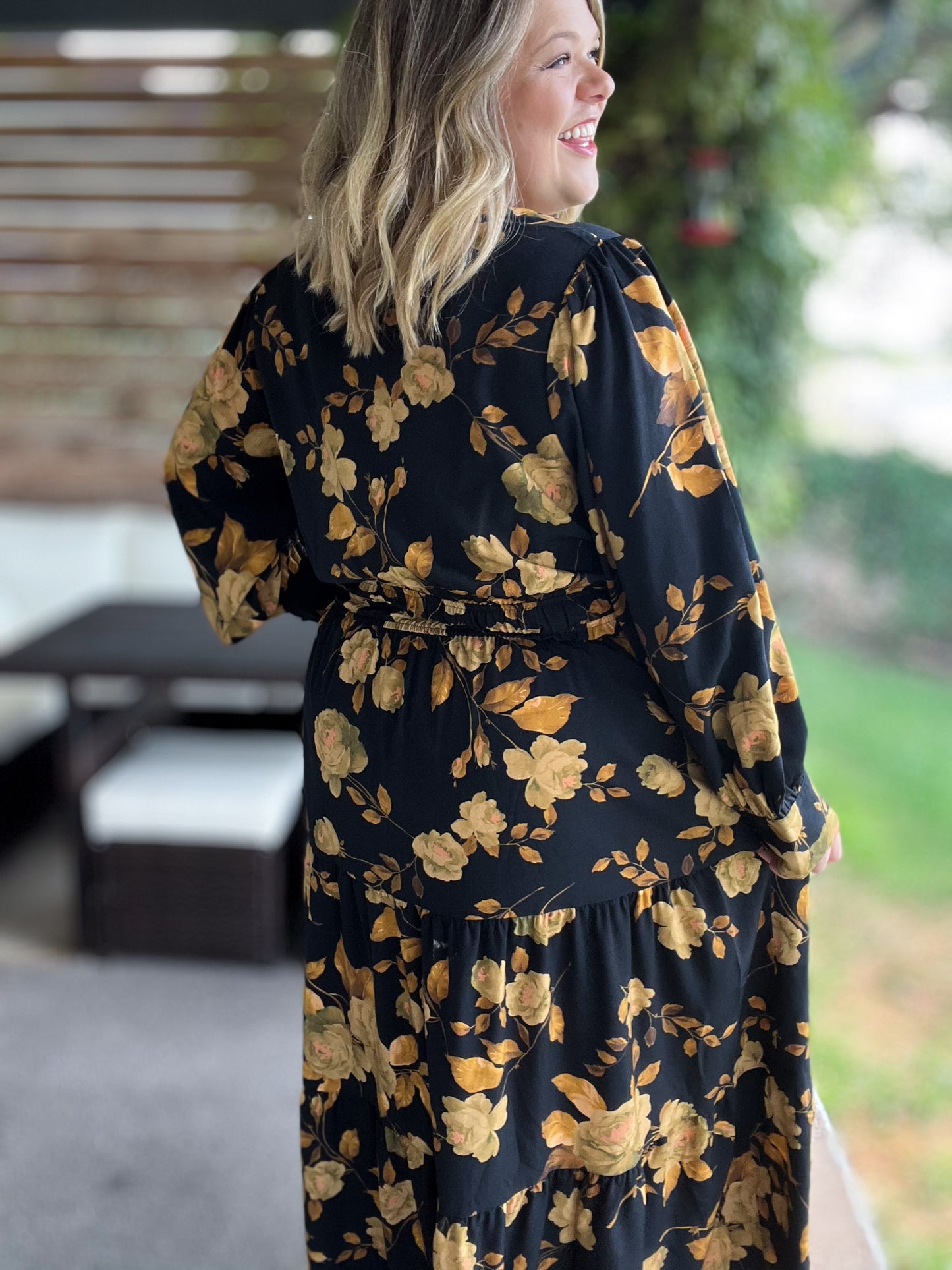 Confidence in Sunshine Plus-Size Long Sleeve Black Floral Maxi Dress