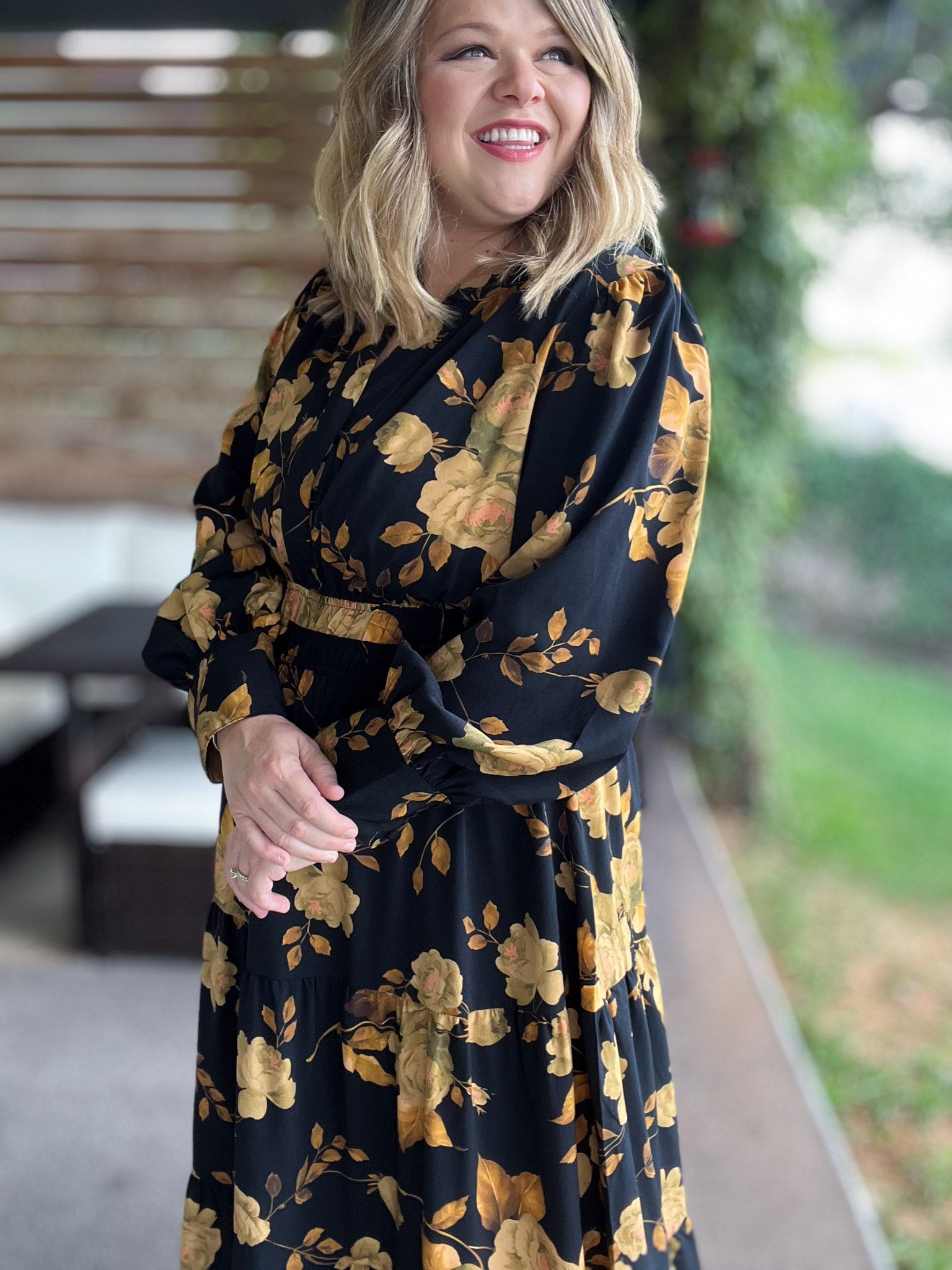 RESTOCKED! Confidence in Sunshine Plus-Size Long Sleeve Black Floral Maxi Dress Medium RESTOCKED! Confidence in Sunshine Plus-Size Long Sleeve Black Floral Maxi Dress Medium