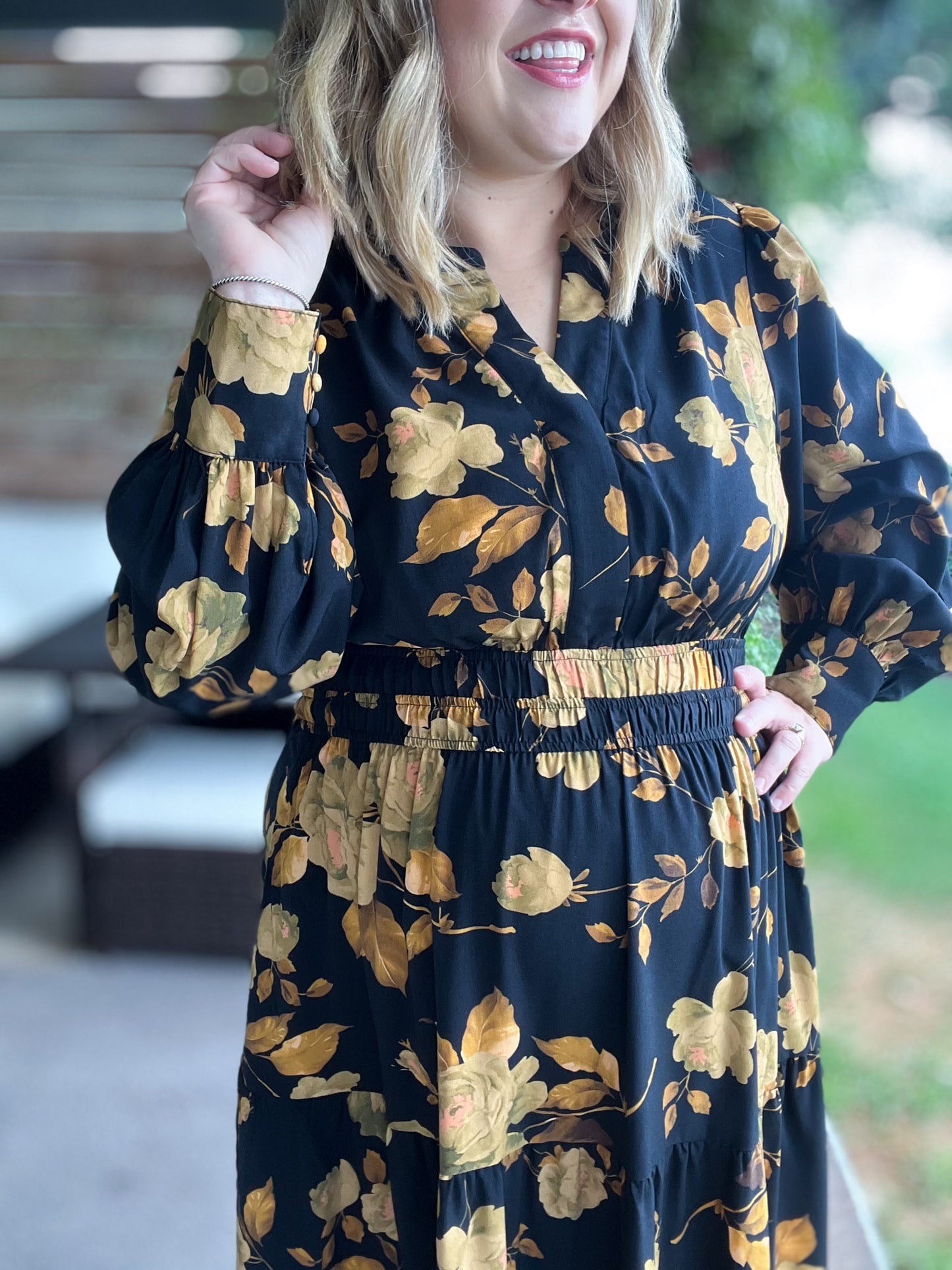 Confidence in Sunshine Plus-Size Long Sleeve Black Floral Maxi Dress