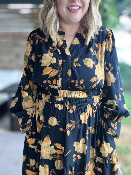 RESTOCKED! Confidence in Sunshine Plus-Size Long Sleeve Black Floral Maxi Dress