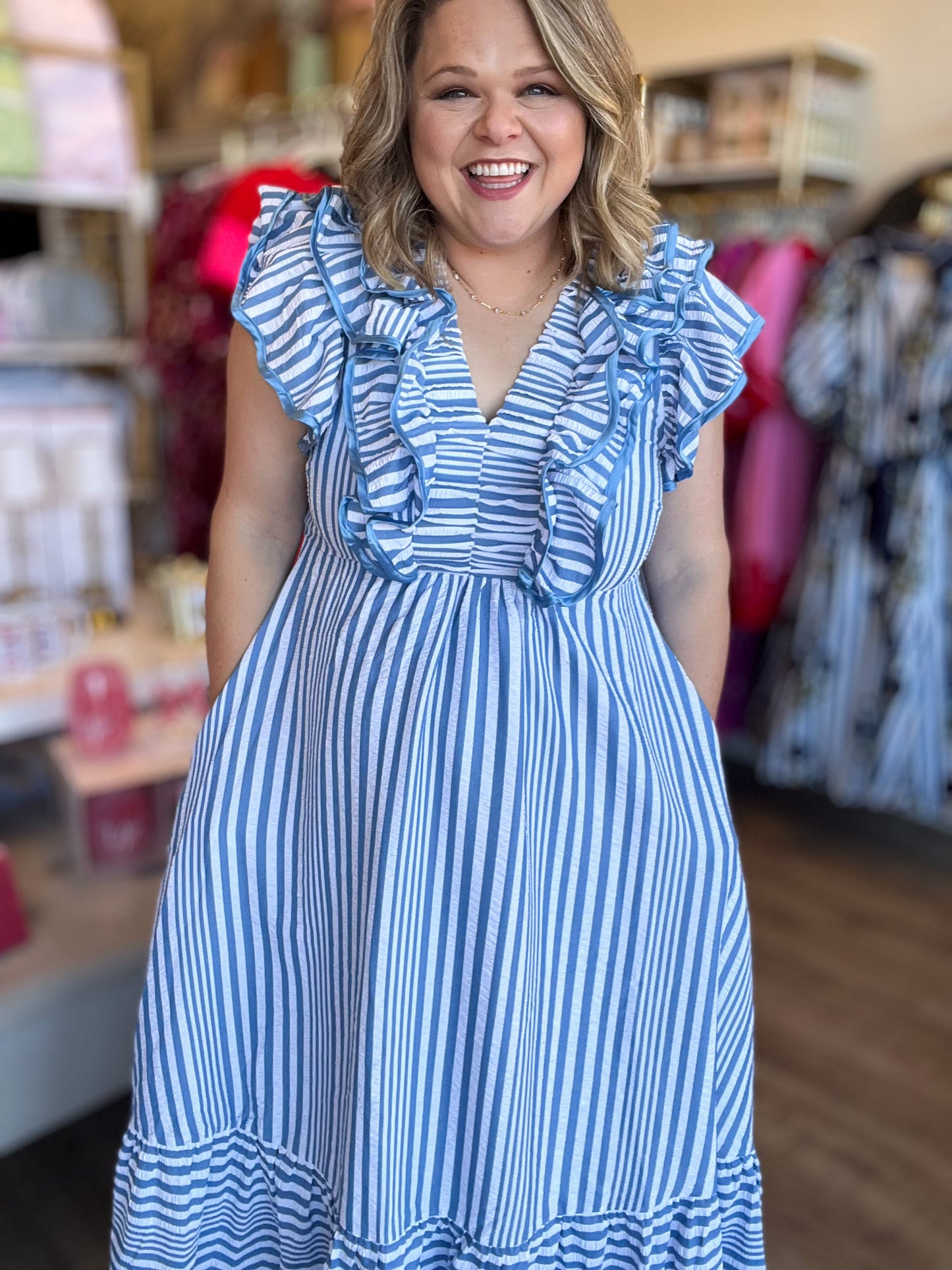RESTOCKED! Cotton Candy Curvy Stripe Flutter Midi Dress