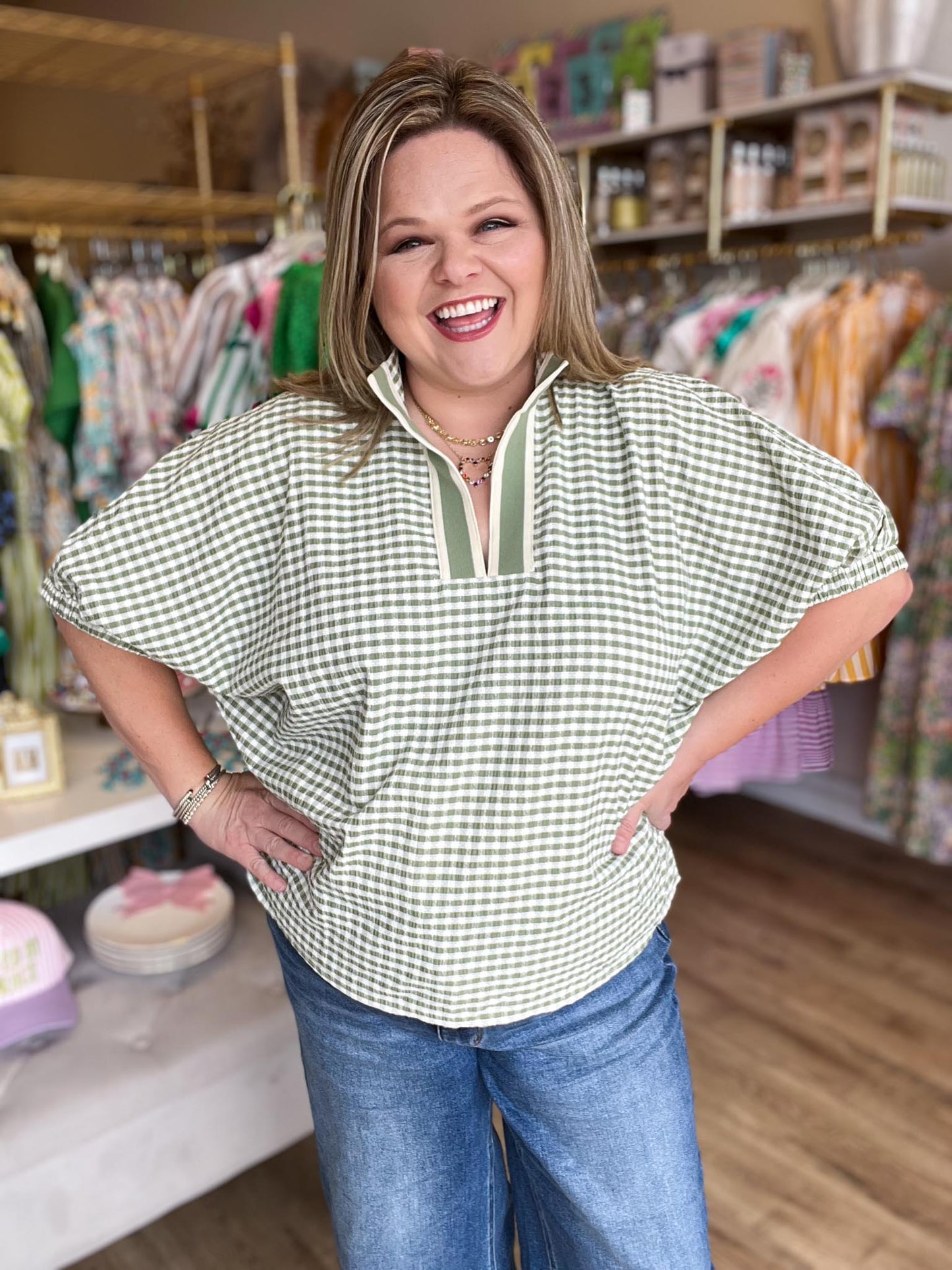 Country Charm Curvy Gingham Dolman Top