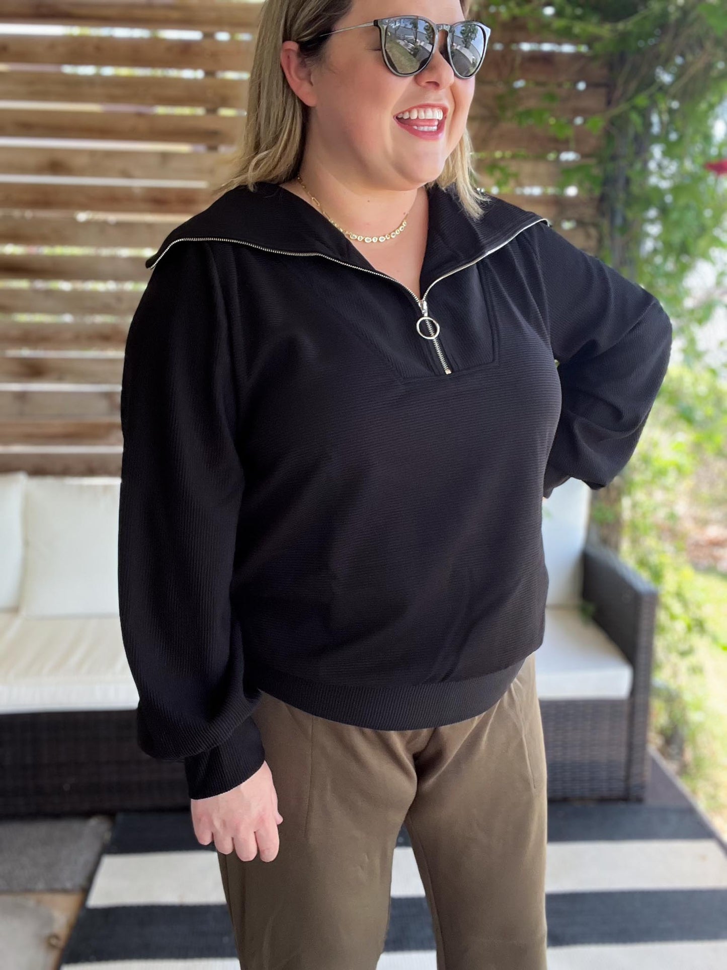 Curvy Black Ribbed Knit Half Zip Top