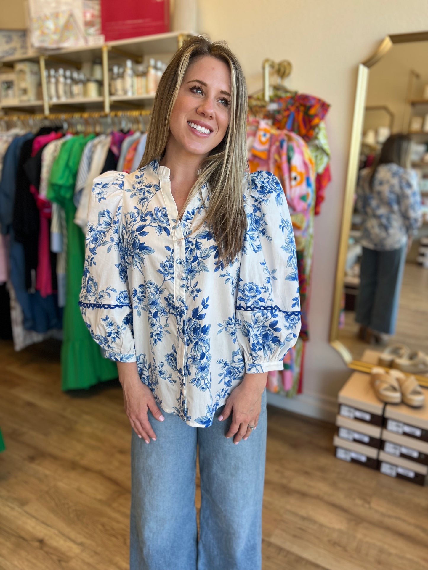 "Bold in Bloom" Blue & White Floral 3/4 Sleeve Top