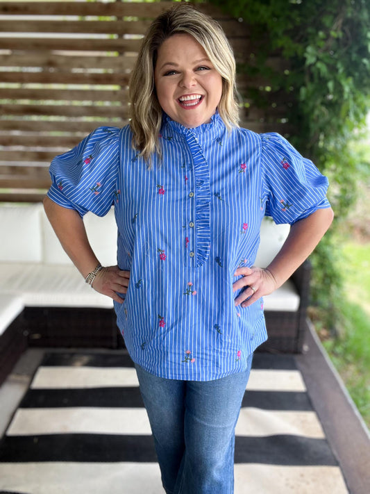 Dancing Dahlias Curvy Blue Stripe Ruffle Top
