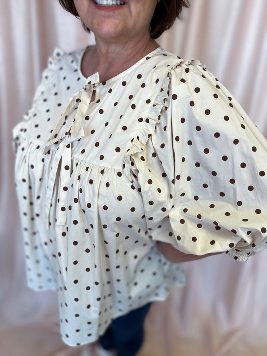 Dashing in Dots Plus-Size Cream & Brown Polka Dot Top