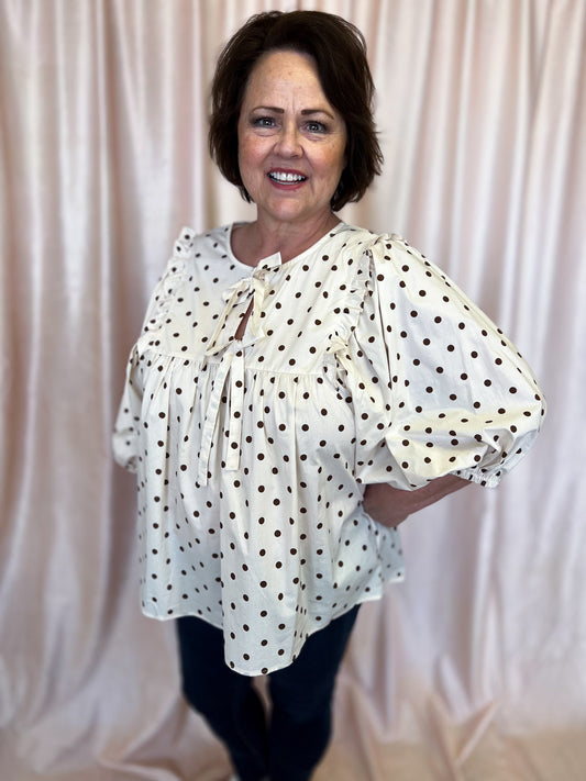 Dashing in Dots Plus-Size Cream & Brown Polka Dot Top