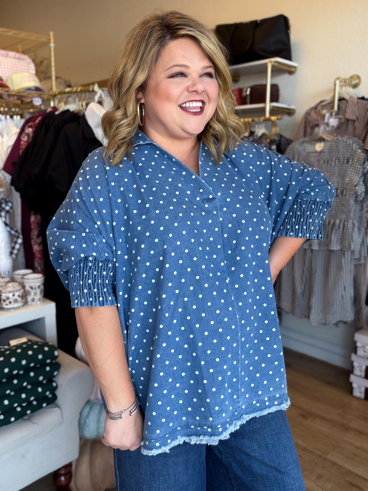 Denim Dottie Plus-Size Denim Polka Dot Top