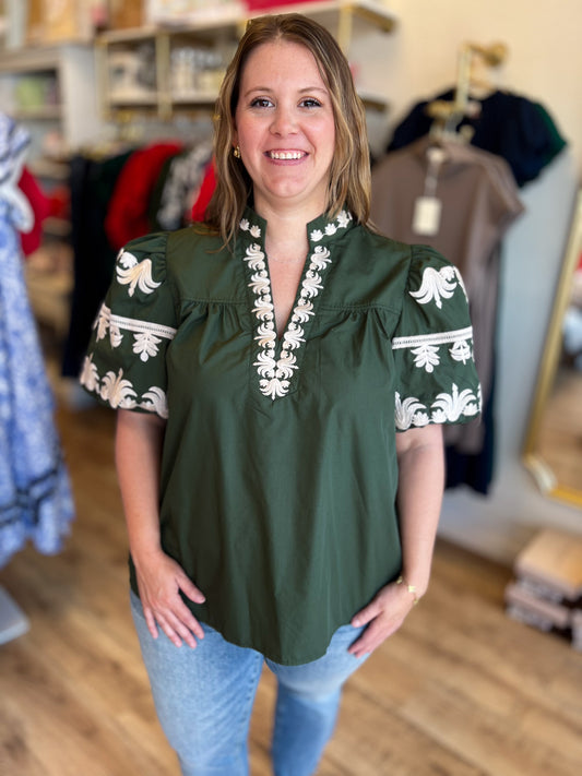 Eccentric Embroidery Curvy Olive Green Top