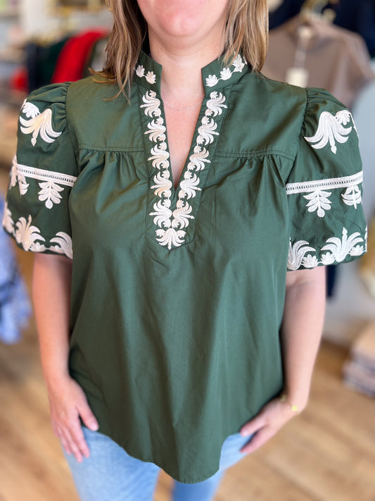 Eccentric Embroidery Curvy Olive Green Top