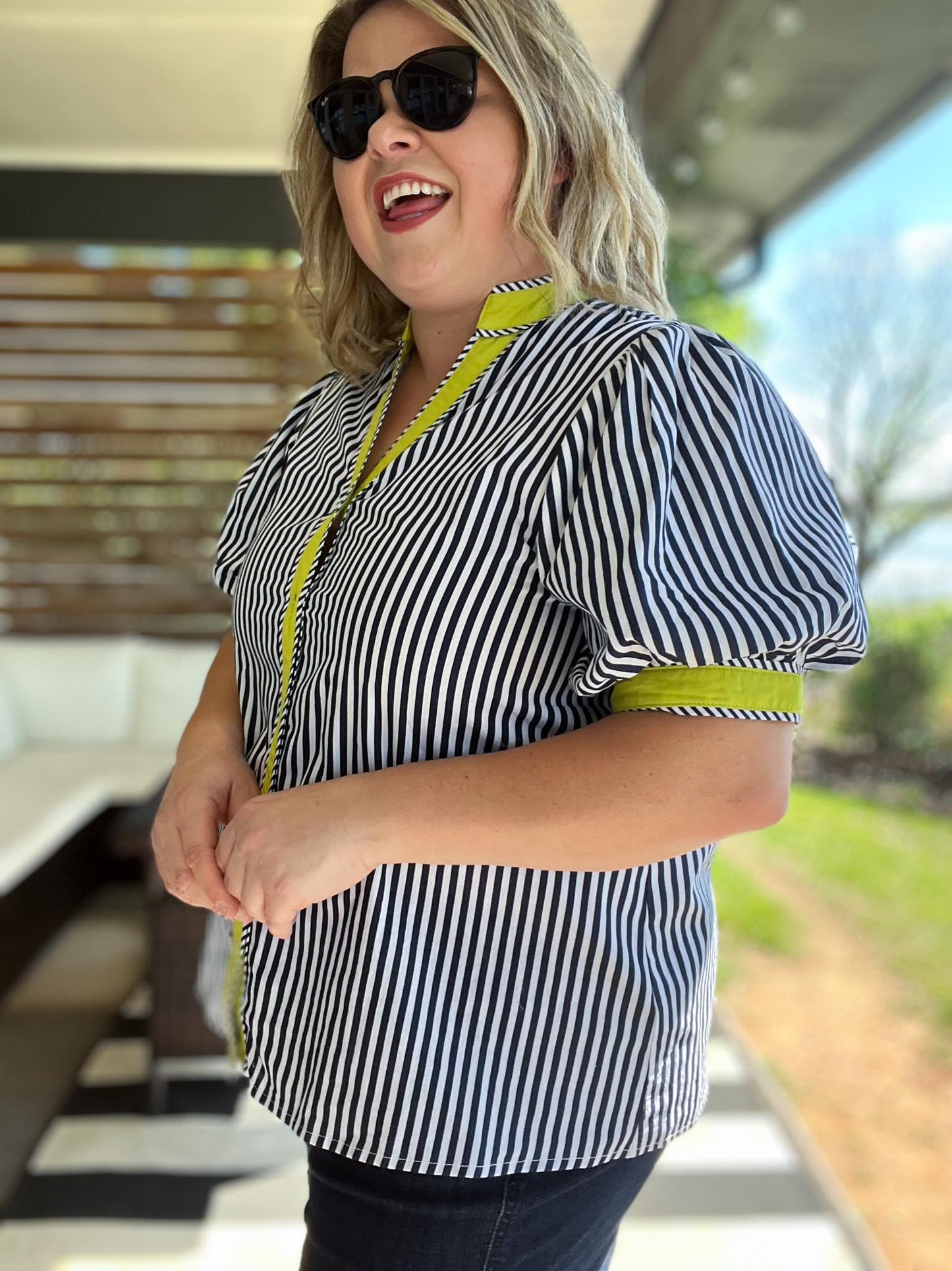 Electric Edge Curvy Navy Stripe Top