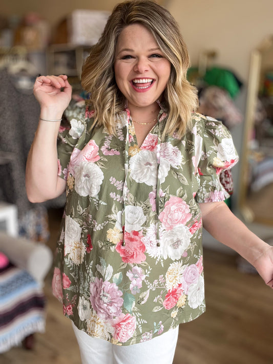 Elegance Curvy Olive Floral Top