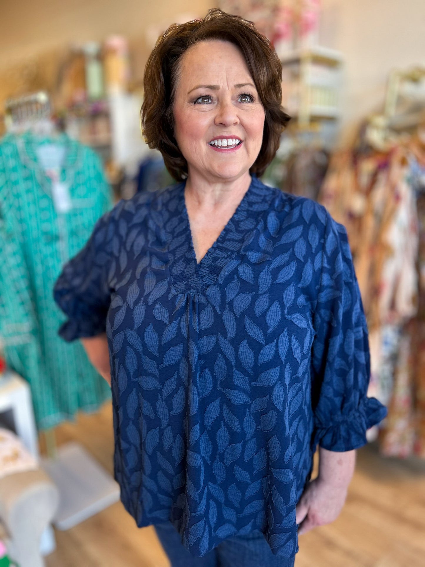 Evergreen Elegance Curvy Navy Jacquard Top