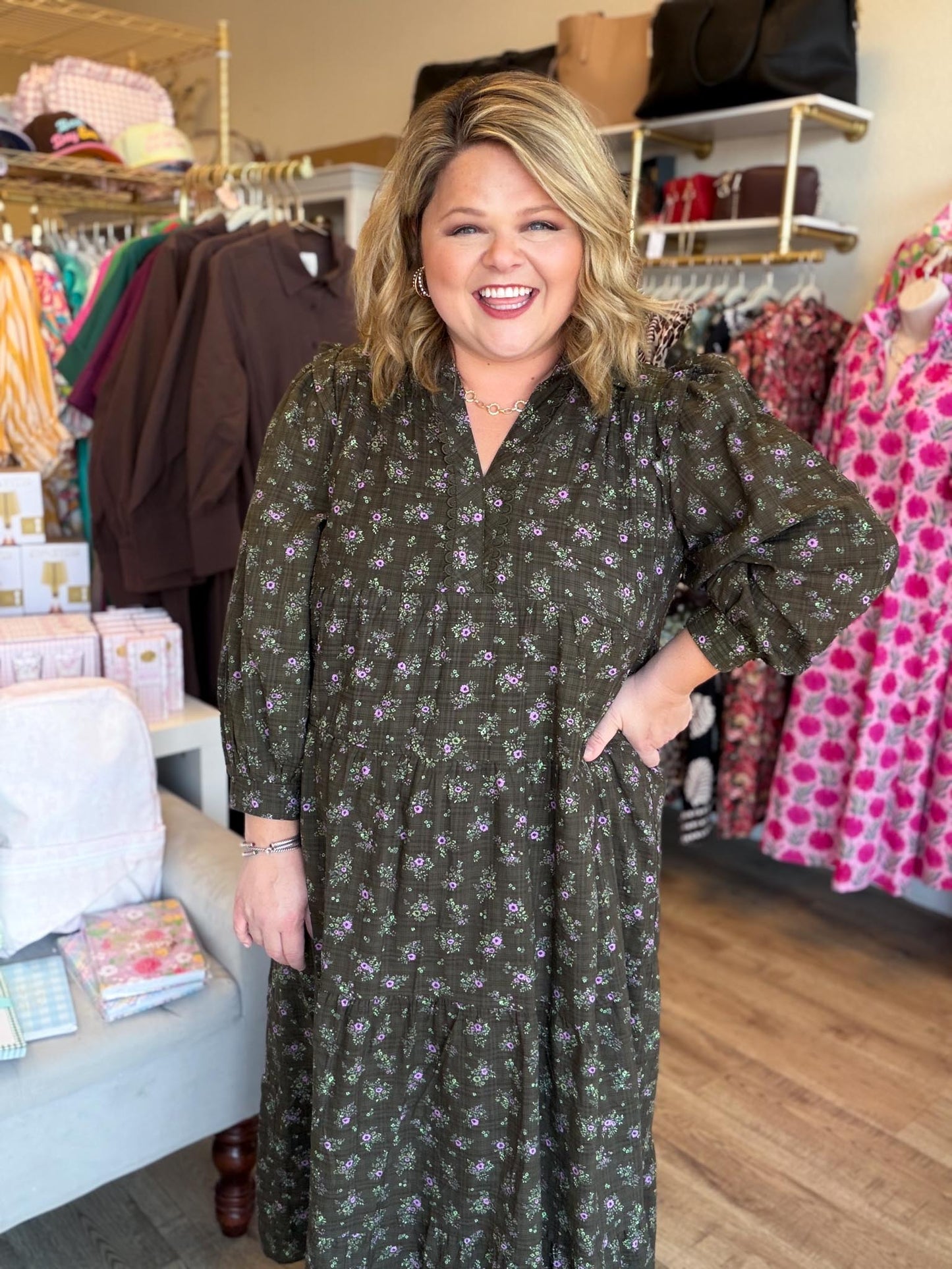 Evergreen Meadow Curvy Olive Floral Tiered Mini Dress