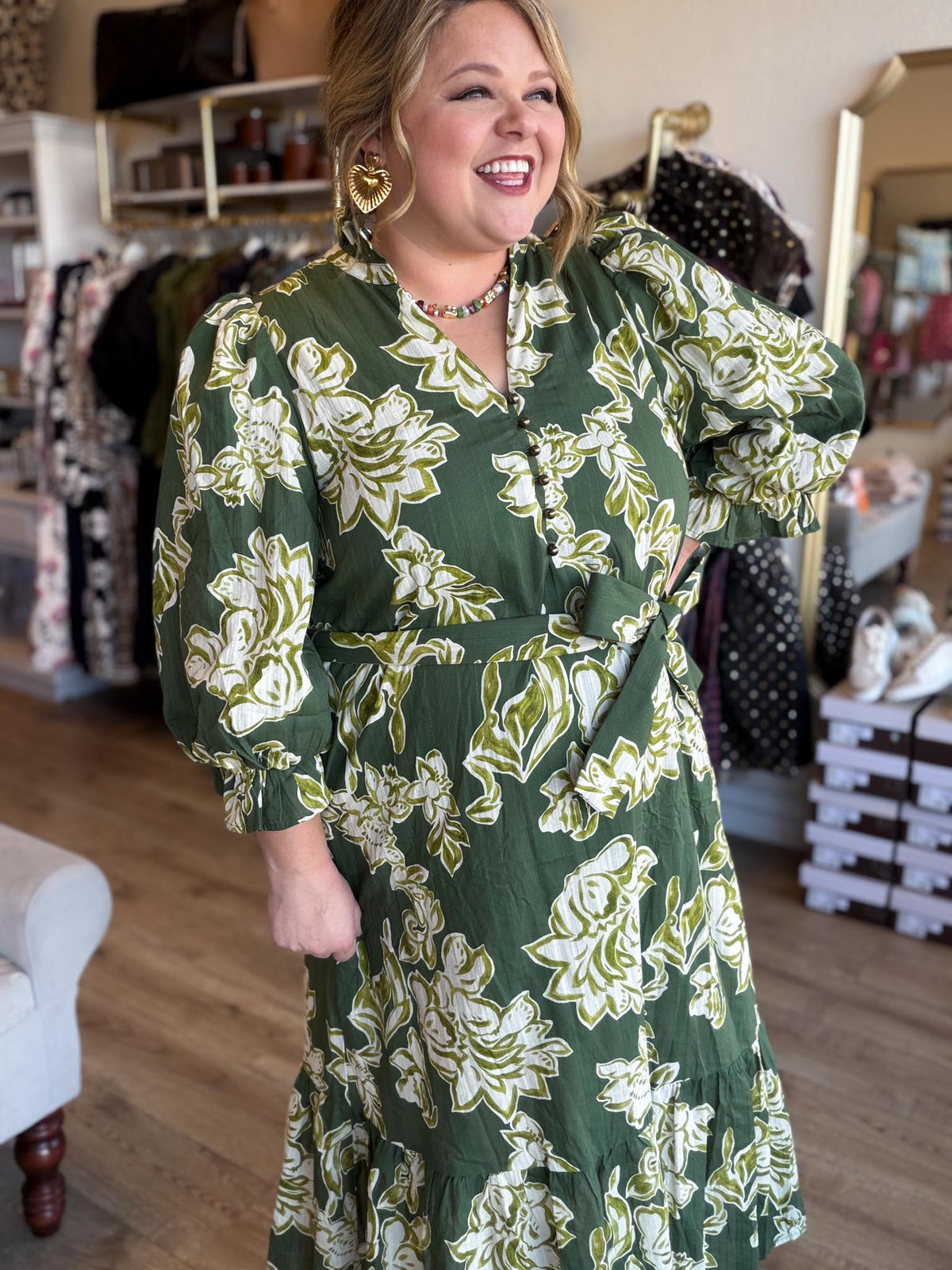 Evergreen Romance Curvy Olive Floral Midi Dress