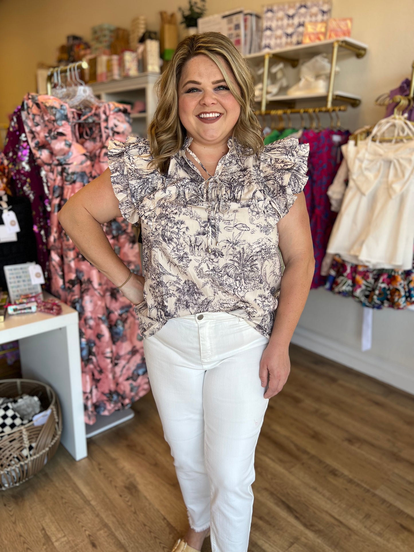 RESTOCKED! "A Moment in Time" Curvy Toile Flutter Sleeve Top