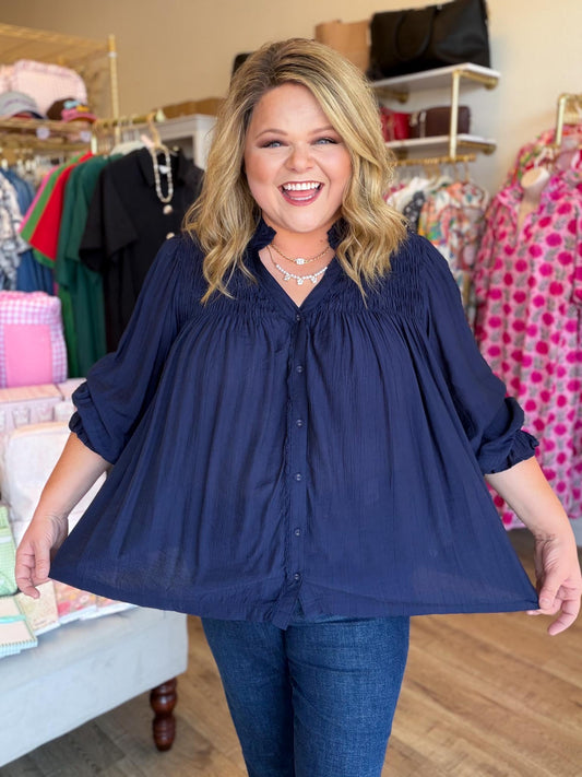 Fall's Favorite Blue Curvy Navy Smocked Top