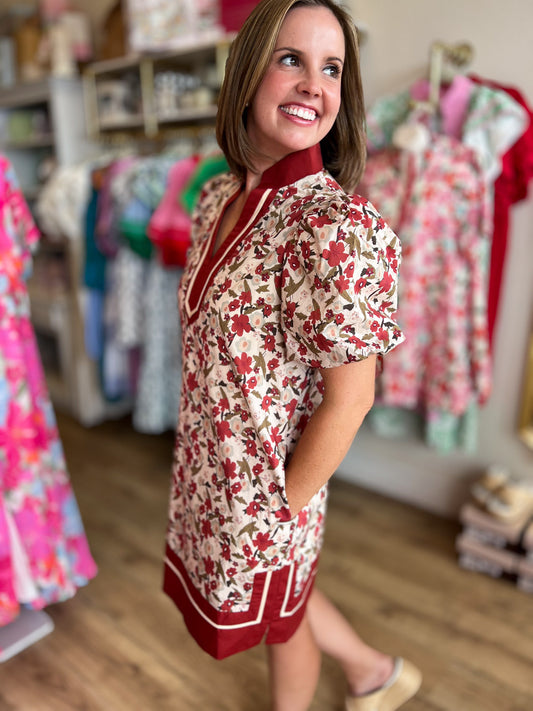Falling for Florals Rust Contrast Trim Dress