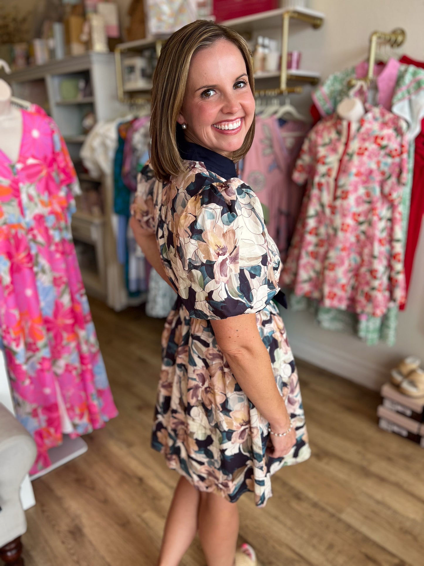 Fanciful Florals Navy Puff Sleeve Dress
