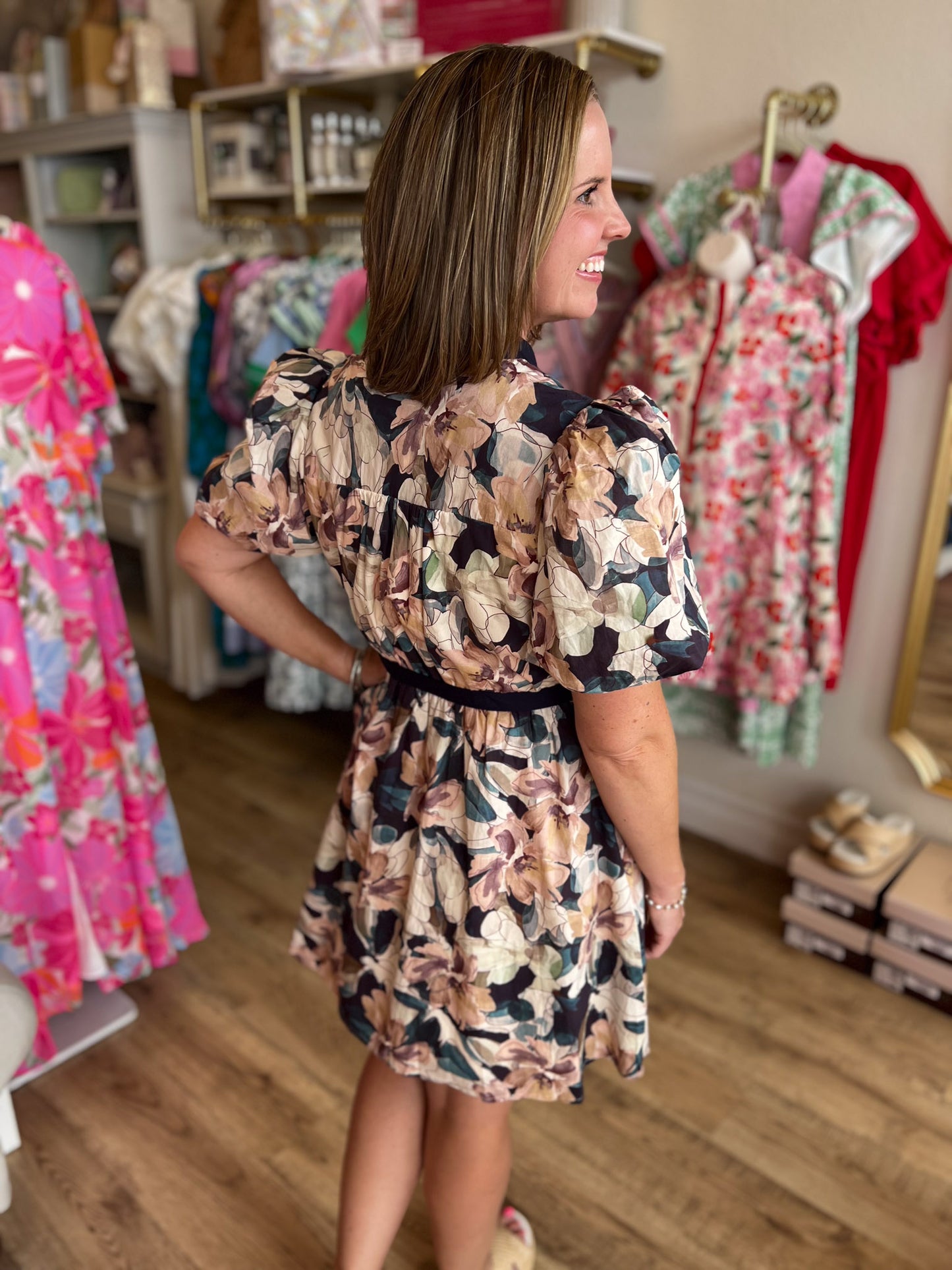Fanciful Florals Navy Puff Sleeve Dress