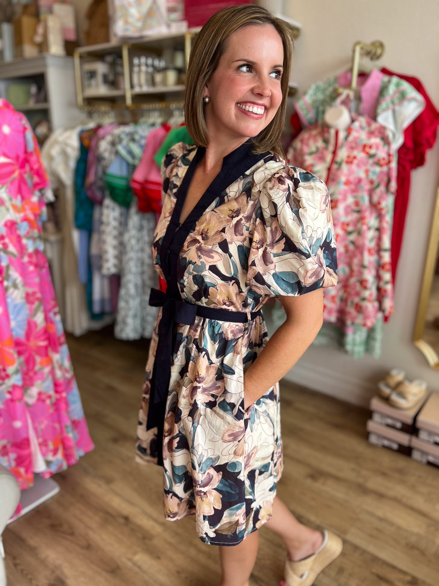 Fanciful Florals Navy Puff Sleeve Dress